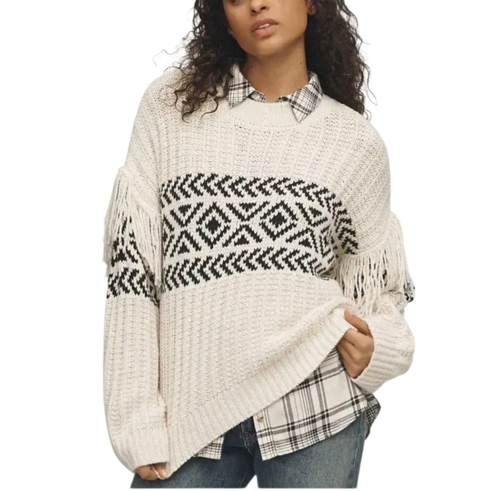Sanctuary Fringe Detail Ribbed Pullover Sweater  Size Large